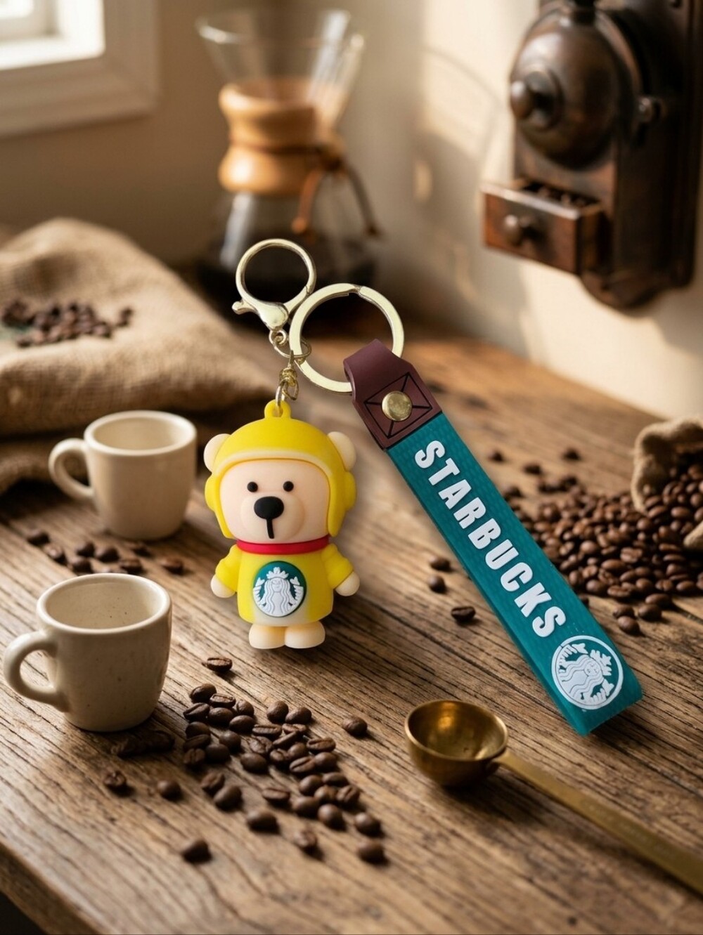 Starbucks Yellow Bear Silicone Keychain with Green Strap